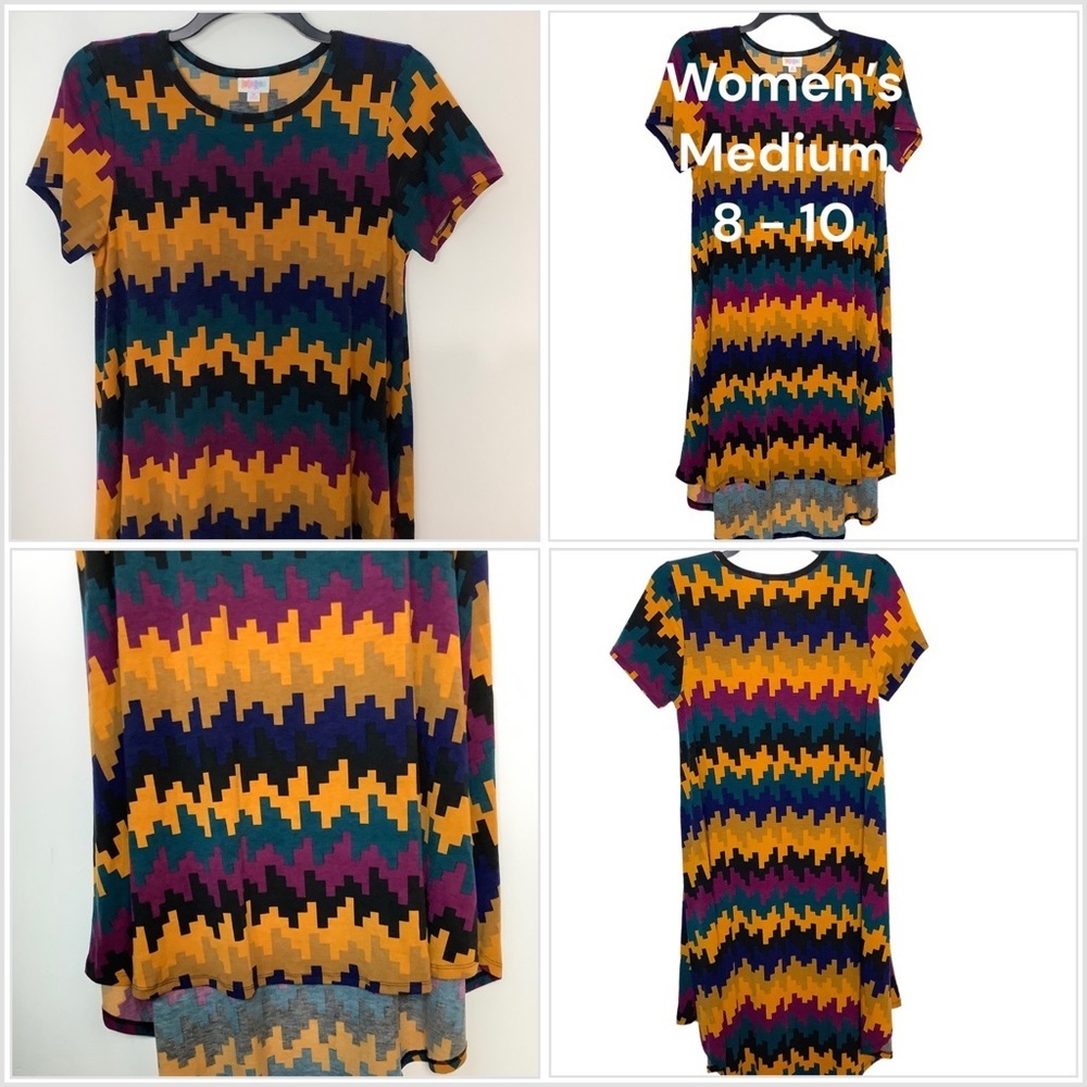 Women's LuLaRoe Medium 8 - 10 Dress Mustard Green Pattern Crewneck Short Sleeve